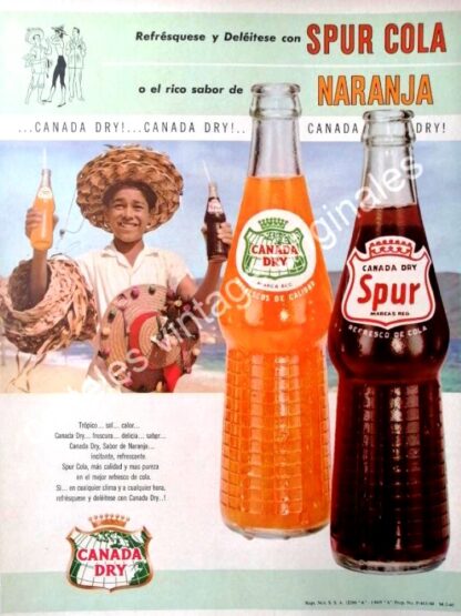 CARTEL ANTIGUO ORIGINAL DE REFRESCO CANADA DRY. SPUR Y NARANJA