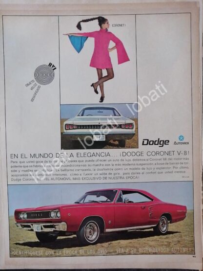 CARTEL ANTIGUO ORIGINAL DE AUTOS CHRYSLER DODGE CORONET V8 1968 /144 GRANDE