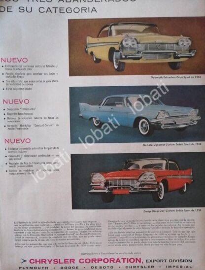 CARTEL ANTIGUO ORIGINAL DE LOS 3 AUTOS CHRYSLER DE 1958 /138