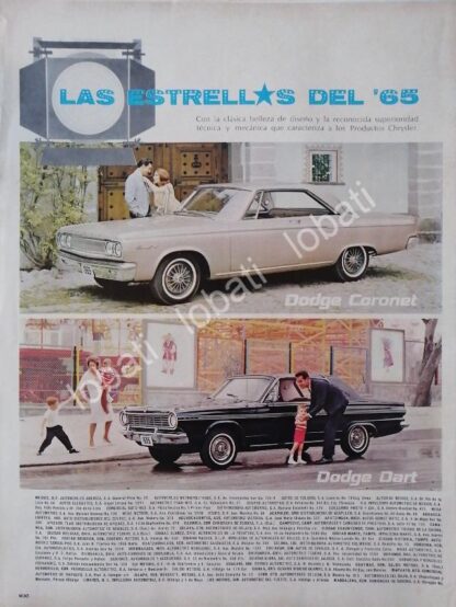 CARTEL ANTIGUO ORIGINAL DE AUTOS CHRYSLER DODGE CORONET Y DART 1965 /153