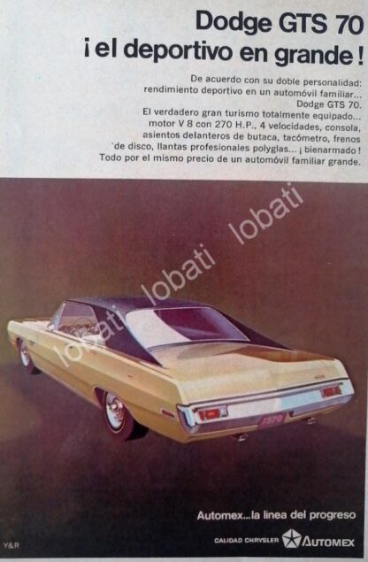 CARTEL ANTIGUO ORIGINAL DE AUTOS CHRYSLER DODGE GTS 1970 MINI CARTEL /RARO