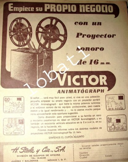 CARTEL ANTIGUO ORIGINAL DE PROYECTOR VICTOR ANIMATOGRAPH 16mm 1951 /16