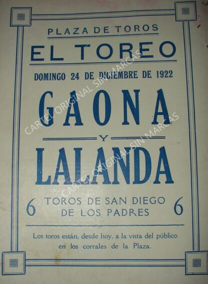 CARTEL ANTIGUO ORIGINAL DE PLAZA DE TOROS EL TOREO 1922 RODOLFO GAONA