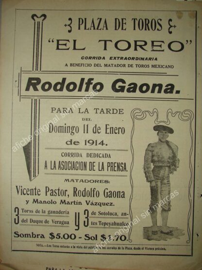 CARTEL ANTIGUO ORIGINAL DE CORRIDA DE TOROS 1914 PLAZA EL TOREO RODOLFO GAONA /FEP