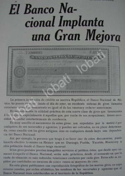 CARTEL ANTIGUO ORIGINAL DE BANCO DE MEXICO Y PRIMER CHEQUE EN MEXICO 1909