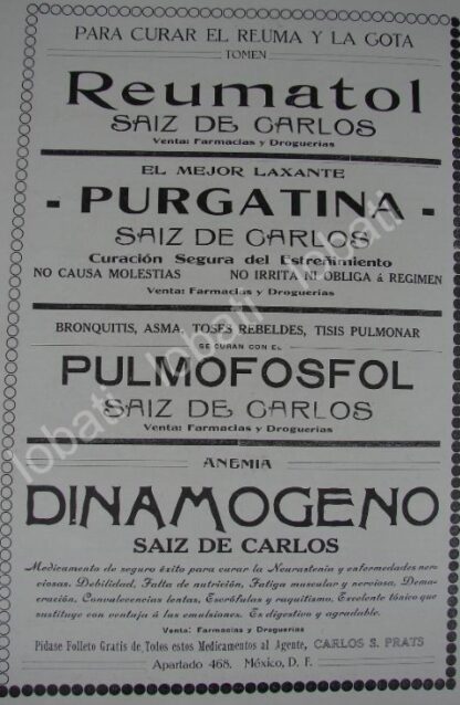 CARTEL ANTIGUO ORIGINAL DE PUBLICIDAD DE LAS MEDICINAS DE 1909 DE CARLOS PRATS