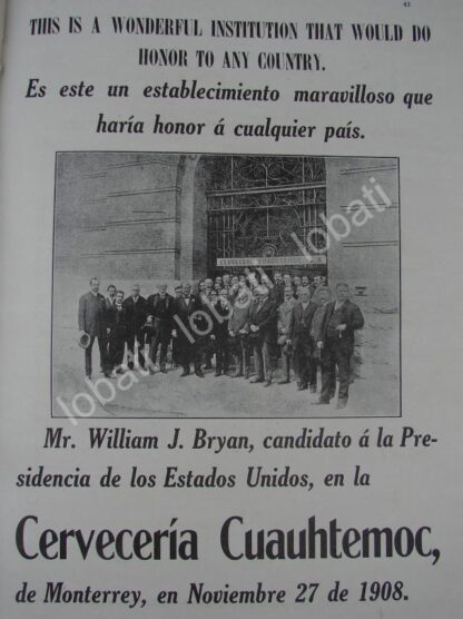 CARTEL ANTIGUO ORIGINAL DE WILLIAM BRYAN EN LA CERVECERIA CUAUHTEMOC 1908 / SUPER RARO