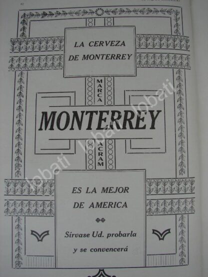 CARTEL ANTIGUO ORIGINAL DE CERVEZA MONTERREY 1909 CERVECERIA CUAUHTEMOC