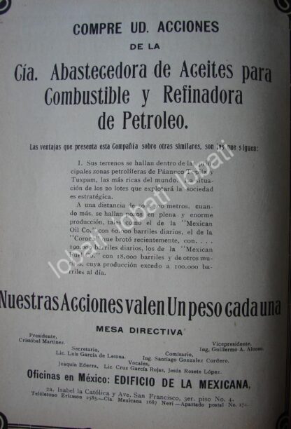 CARTEL ANTIGUO ORIGINAL DE CIA. DE ACEITES PARA CONBUSTIBLE Y REFINADORA DE PETROLEO 1914 /767 MUY RARO