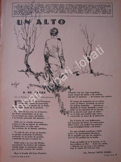 CARTEL ANTIGUO ORIGINAL DE POEMA INEDITO DE PASCUAL ORTIZ RUBIO 1930 DIBUJO DE ANDRES AUDIFFRED