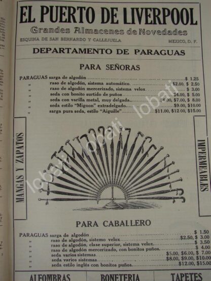 CARTEL ANTIGUO ORIGINAL DE TIENDA EL PUERTO DE LIVERPOOL 1909 PARAGUAS