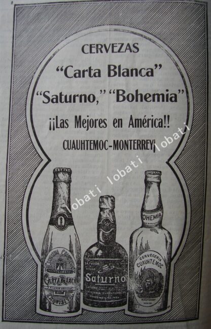 CARTEL ANTIGUO ORIGINAL DE MINI CARTEL CERVEZA CARTA BLANCA, SATURNO Y BOHEMIA 1911 /155