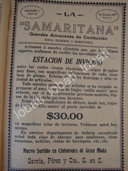 CARTEL ANTIGUO ORIGINAL DE TIENDA. ALMACENES LA SAMARITANA 1910 /689