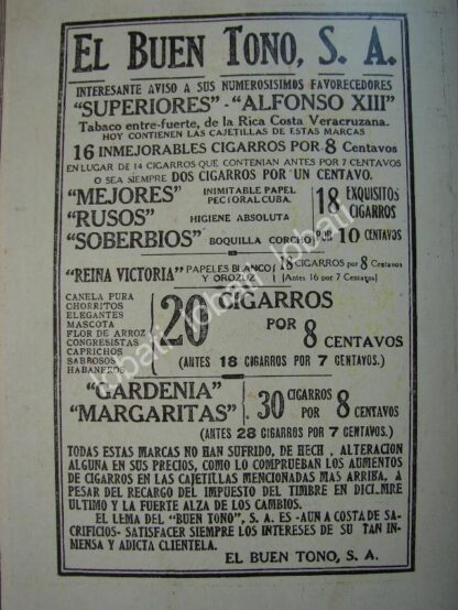 CARTEL ANTIGUO ORIGINAL DE CIA. CIGARRERA EL BUEN TONO 1914 /279