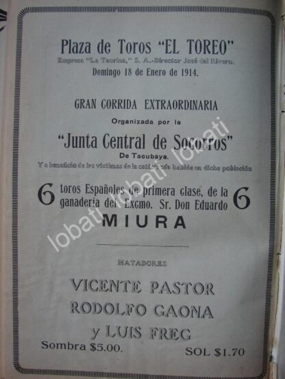 CARTEL ANTIGUO ORIGINAL DE PLAZA DE TOROS EL TOREO 1914 POR VICTIMAS DE EMILIANO ZAPATA TACUBAYA /771