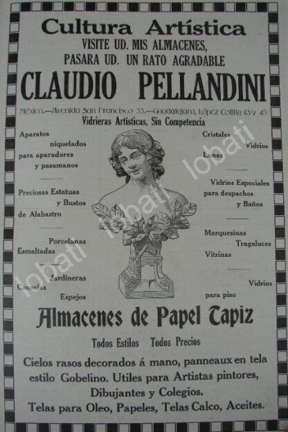 CARTEL ANTIGUO ORIGINAL DE TIENDA DE DECORACION CLAUDIO PELLANDINI 1909 /180