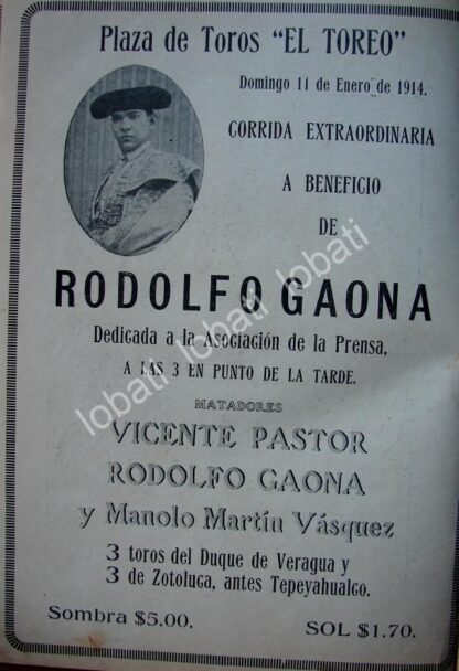 CARTEL ANTIGUO ORIGINAL DE PLAZA DE TOROS EL TOREO 1914 A BENEFICIO DE RODOLFO GAONA / 772