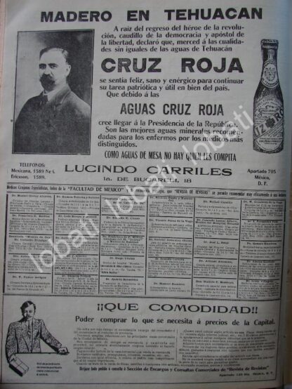 CARTEL ANTIGUO ORIGINAL DE FRANCISCO I MADERO EN AGUA MINERAL CRUZ ROJA 1911, SUPER RARO 10+ /117