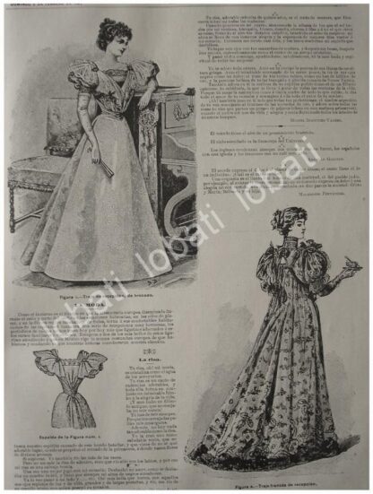 CARTEL ANTIGUO ORIGINAL DE RESEÑA DE LA MODA DE 1897 TRAJES DE RECEPCION