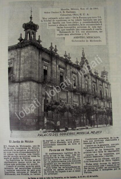 CARTEL ANTIGUO ORIGINAL DE MEDICINA LA PERUNA Y ARISTEO MERCADO GOBERNADOR DE MICHOACAN 1909 /29