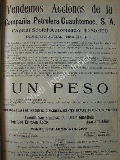 CARTEL ANTIGUO ORIGINAL DE CIA. PETROLEA CUAUHTEMOC VENDE ACCIONES 1914 /762