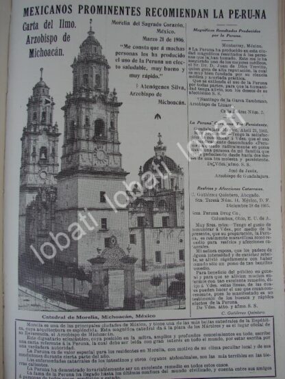 CARTEL ANTIGUO ORIGINAL DE OBISPO ATENOGENES SILVA Y TONICO LA PERUNA 1910 CATEDRAL DE MICHOACAN /Ni77