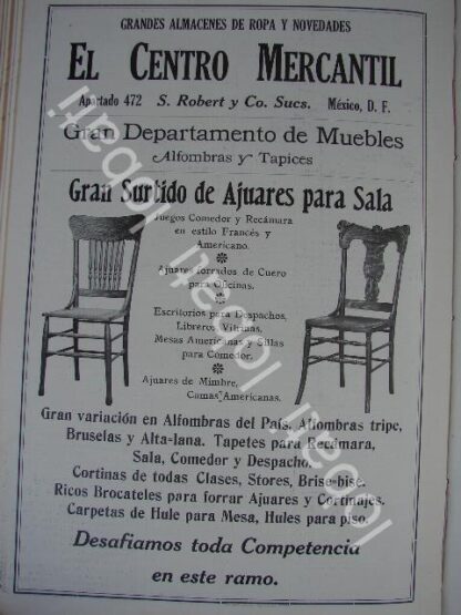 CARTEL ANTIGUO ORIGINAL DE TIENDA EL CENTRO MERCANTIL 1910 SILLAS /704