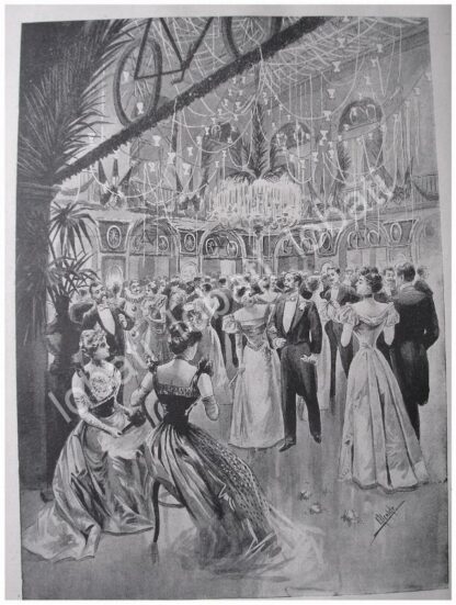 GRABADO ANTIGUO 1897 BAILE EN EL CASINO FRANCES, DIBUJO DE CARLOS ALCALDE