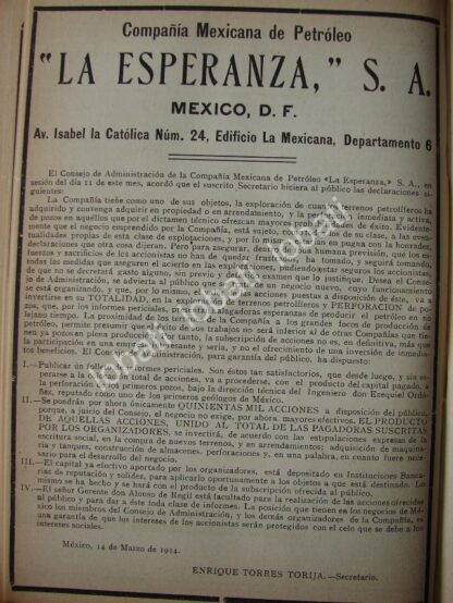 CARTEL ANTIGUO ORIGINAL DE COMPAÑIA PETROLERA LA ESPERANZA 1914 /765