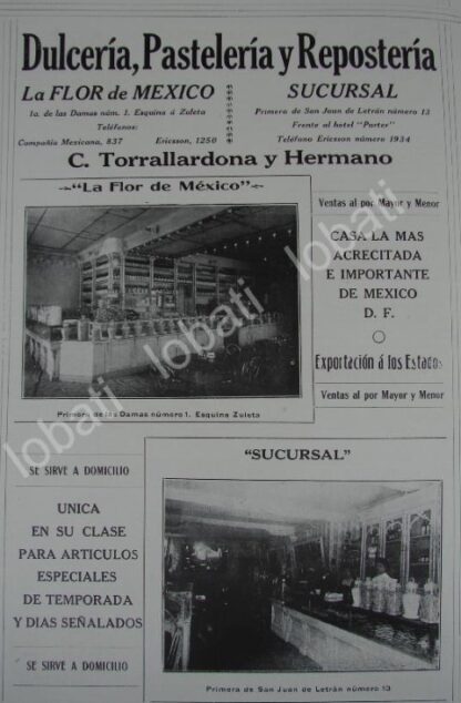 CARTEL ANTIGUO ORIGINAL DE PASTELERIA Y DULCERIA LA FLOR DE MEXICO 1909 /183 MUY RARO