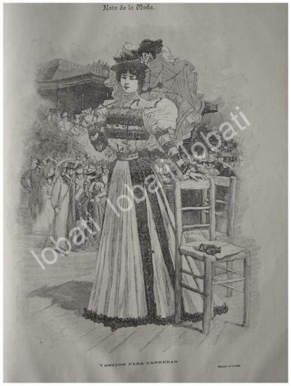 GRABADO ANTIGUO 1897. TENDENCIAS DE MODAS. VESTIDO DE CARRERAS /116