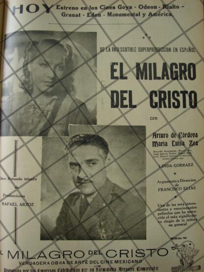 CARTEL ANTIGUO ORIGINAL PELICULA. EL MILAGRO DEL CRISTO 1941 /142