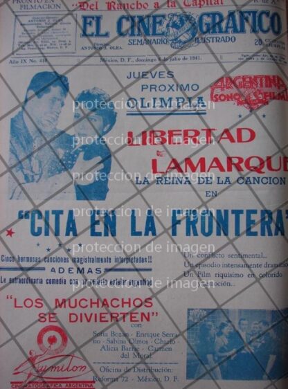 CARTEL ANTIGUO PELICULA CITA EN LA FRONTERA 1941 LIBERTAD LAMARQUE