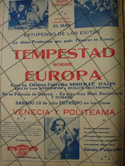 CARTEL RETRO PELICULA. MANACES /TEMPESTAD SOBRE AUROPA 1941 /4