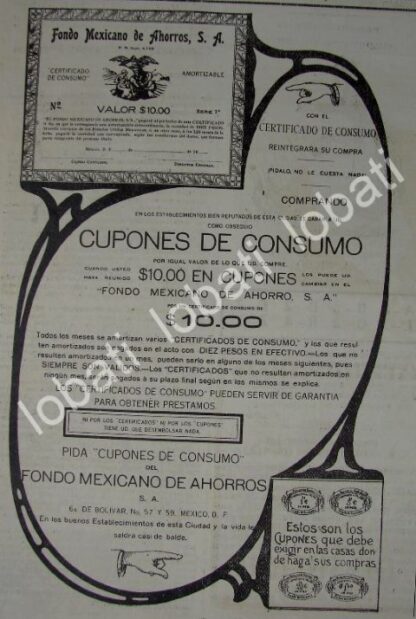 CARTEL ANTIGUO ORIGINAL DE BANCOS, FONDO MEXICANO DE AHORROS 1911 CUPONES DE CONSUMO