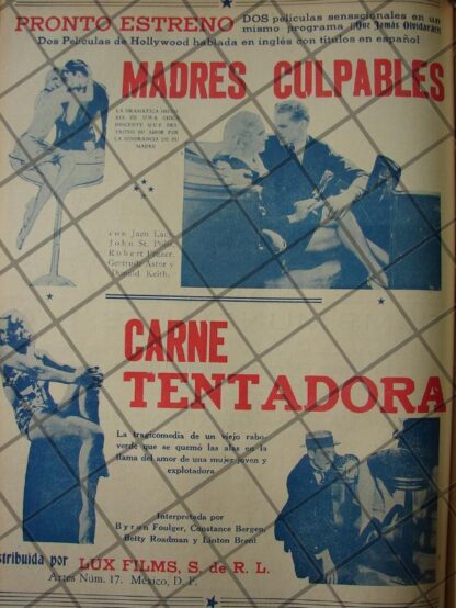 CARTEL ANTIGUO LUX FILMS 1941 2 PELICULAS