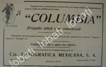 CARTEL ANTIGUO ORIGINAL DE CIA. FONOGRAFICA MEXICANA 1911 FONOGRAFOS COLUMBIA