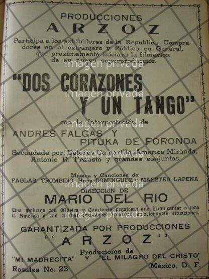 CARTEL ANTIGUO INICIA PELICULA DOS CORAZONES Y UN TANGO 1941