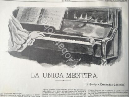 CARTEL ANTIGUO ORIGINAL DE CUENTO INEDITO DE RAFAEL DELGADO CON DIBUJOS DE JULIO RUELAS 1898 LA UNICA MENTIRA - Imagen 2