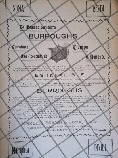 CARTEL PUBLICITARIO ANTIGUO. SUMADORA BURROUGHS 1906