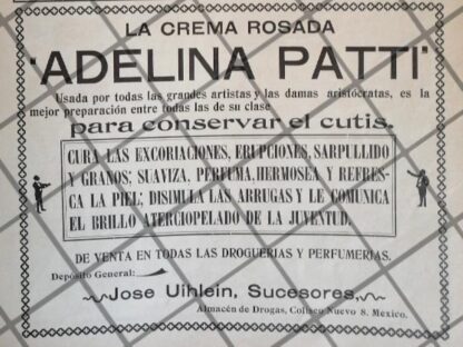 PUBLICIDAD ANTIGUA BOTICA JOSE UIHLEIN. CREMA ADELINA PATTI