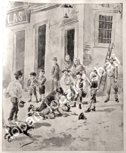 GRABADO ANTIGUO DE LEANDRO IZAGUIRRE 1895 BARRIO MEXICANO NIÑOS PELEANDO