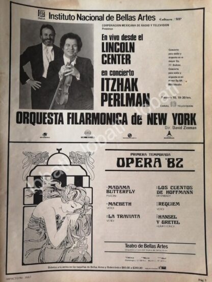 CARTEL ANTIGUO ORIGINAL DE INBA. ORQUESTA FILARMONICA DE NEW YORK & OPERA 1982