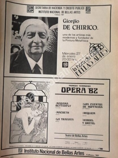 CARTEL ANTIGUO ORIGINAL DE INBA. GIORGIO DI CHIRICO + & TEMPORADA DE OPERA 1982