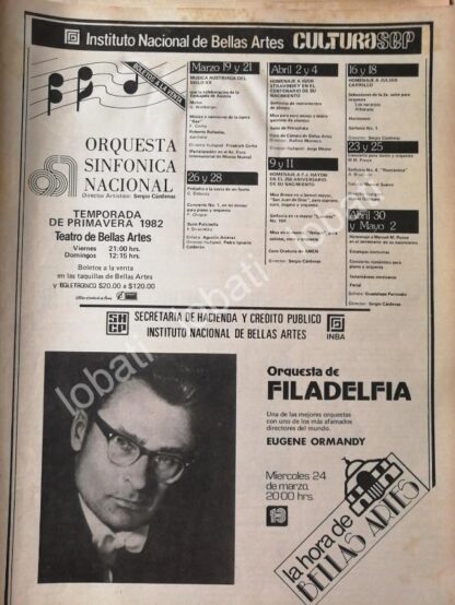 CARTEL ANTIGUO ORIGINAL DE INBA. ORQUESTA SINFONICA NACIONAL & ORQUESTA DE FILADELFIA 82