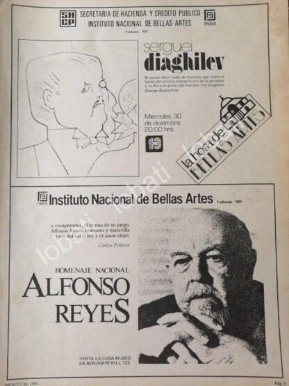 CARTEL ANTIGUO ORIGINAL DE INBA SERGUEI DIAGHILEV Y HOMENAJE A ALFONSO REYES 1981