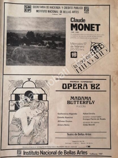 CARTEL ANTIGUO ORIGINAL DE INBA PRESENTA. TEMPORADA DE OPERA 1982 Y CLAUDE MONET