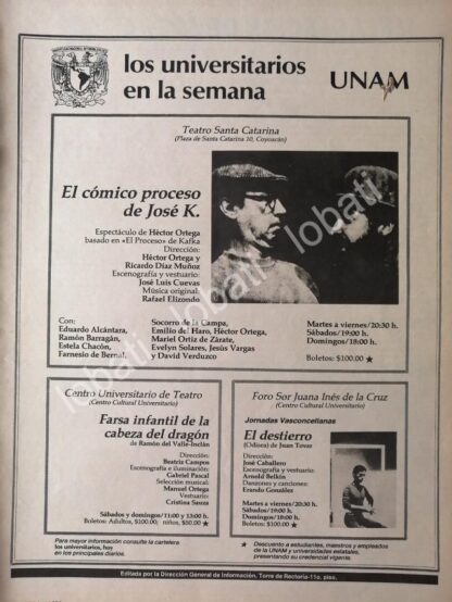 CARTEL ANTIGUO ORIGINAL DE UNAM TEATRO. EL COMICO PROCESO DE JOSE K. 1982 /16