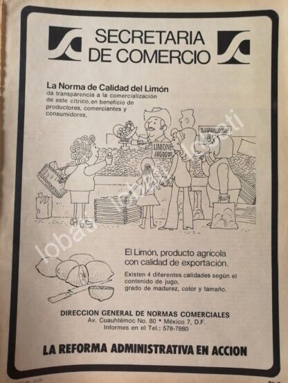 CARTEL ANTIGUO ORIGINAL DE SECRETARIA DE COMERCIO 1980 CALIDAD DEL LIMON /23