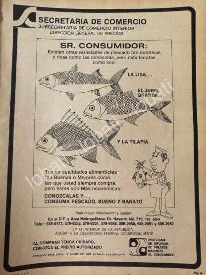 CARTEL ANTIGUO ORIGINAL DE SECRETARIA DE COMERCIO 1980 PRECIOS DE PESCADO /22